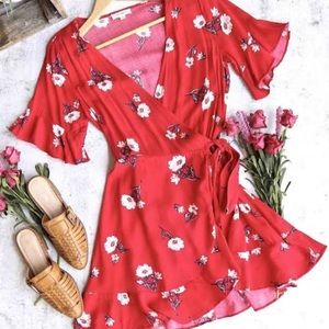 Red floral wrap dress
